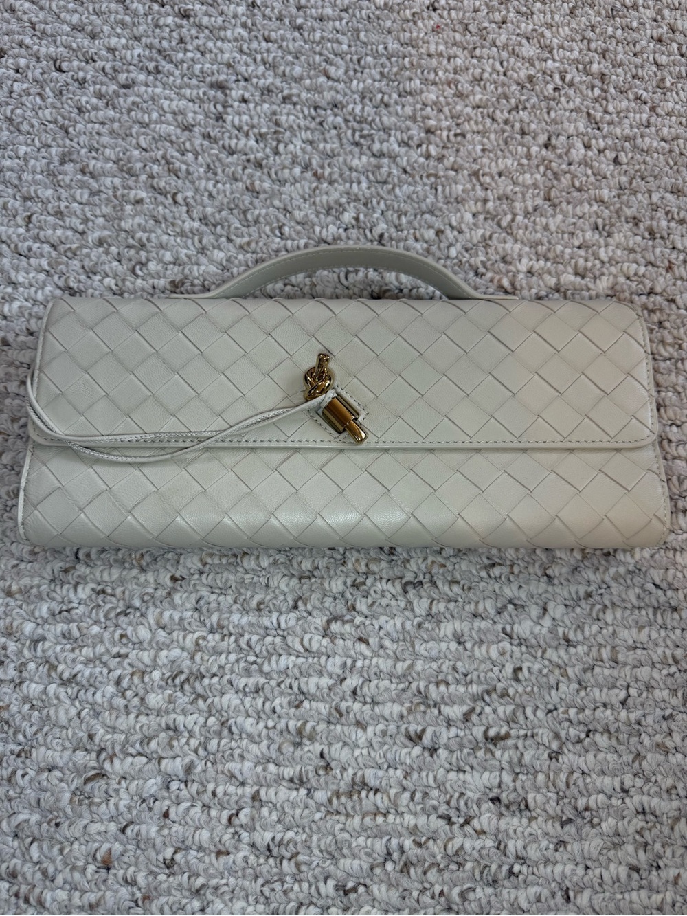 Cream Woven Intrecciato Style Top Handle Clutch Bag